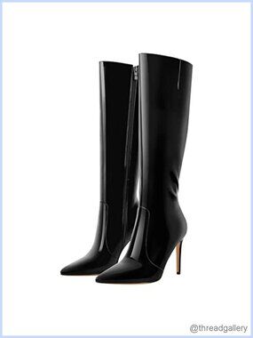 Pointed Toe Knee High Stiletto Boots Faux Patent Leather High Heels